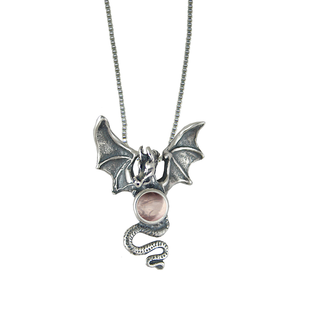 Sterling Silver Dragon of Protection Pendant With Rose Quartz